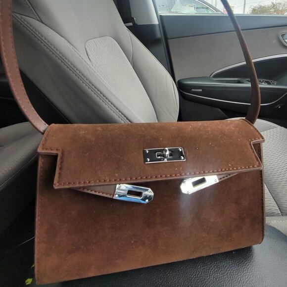 Neiman Marcus Suede Crossbody Purse with Silver Hardware - Picture 1 of 4